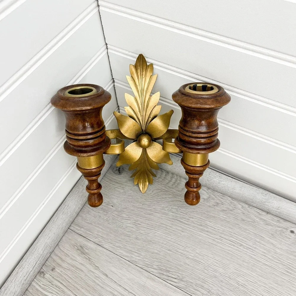 Solid‎ Wood and Brass Wall Sconce Candleholder - Vintage Hollywood Regency Decor